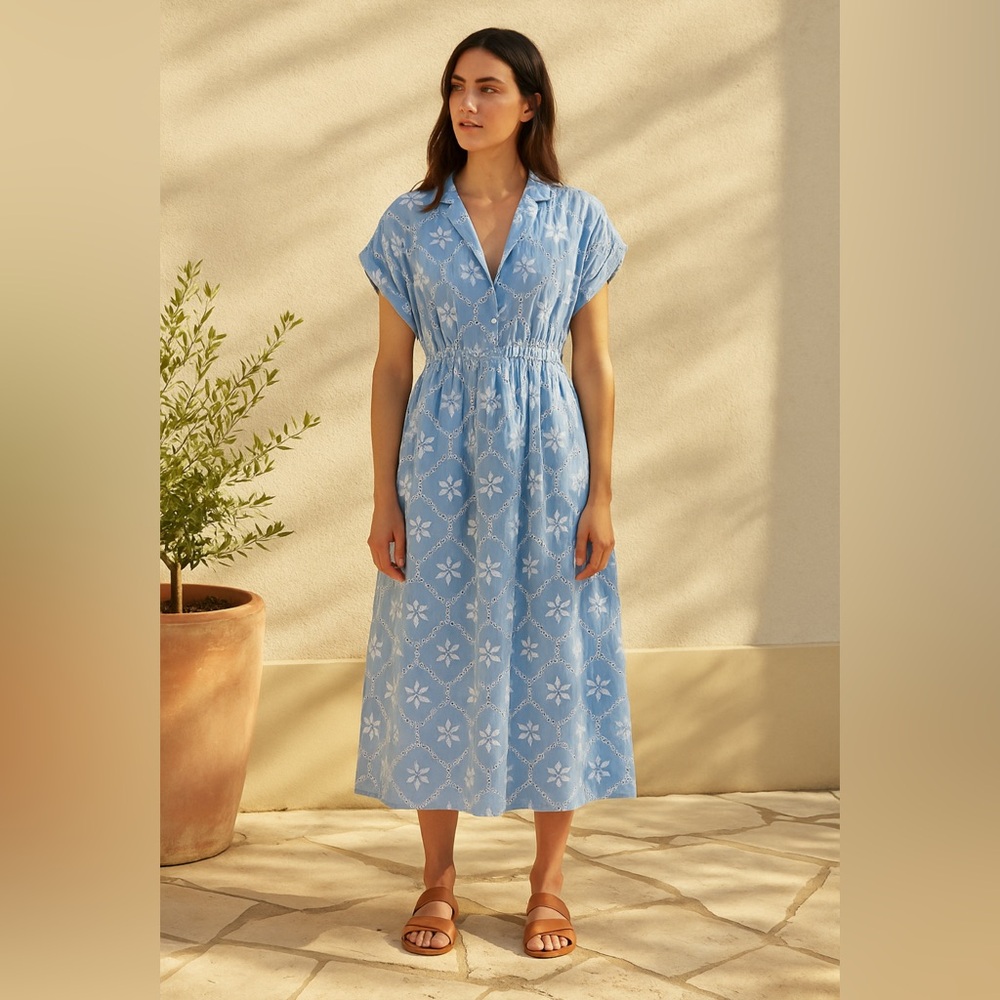 Anthropologie Light Blue Printed Midi Dress